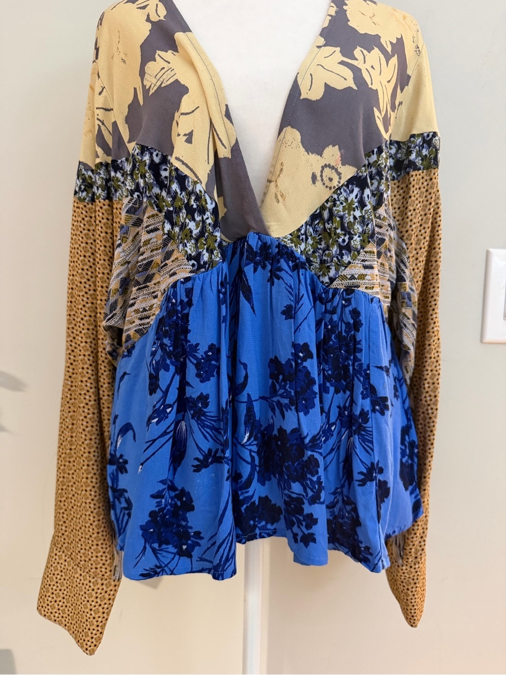 Free People Aloha State of Mind Storm Cloud Patchwork Peplum Blouse L - Picture 5 of 12
